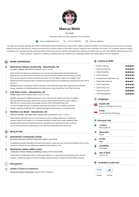 Car Valet resume example — a professionally formatted Administration CV sample
