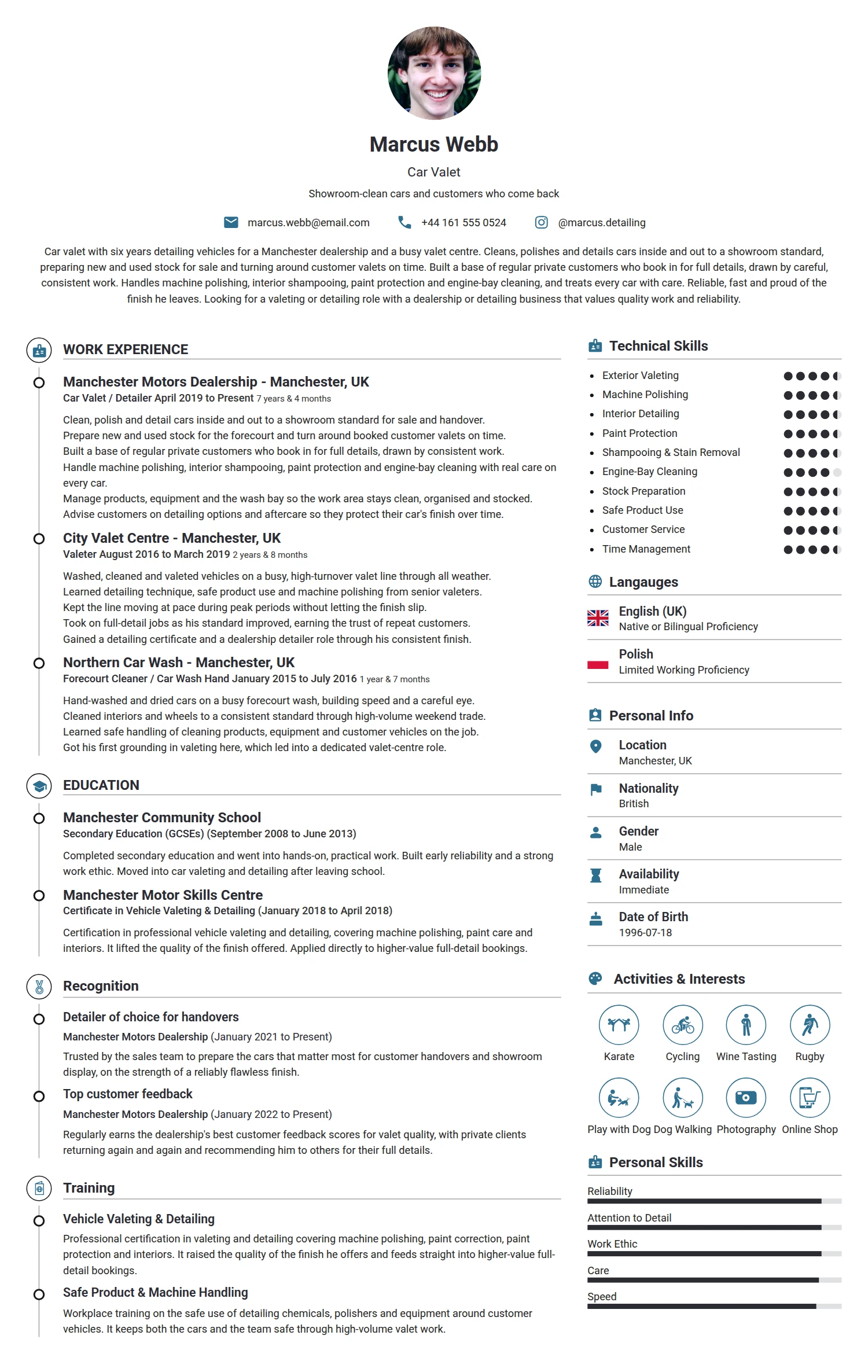 Car Valet resume example — a professionally formatted Administration CV sample