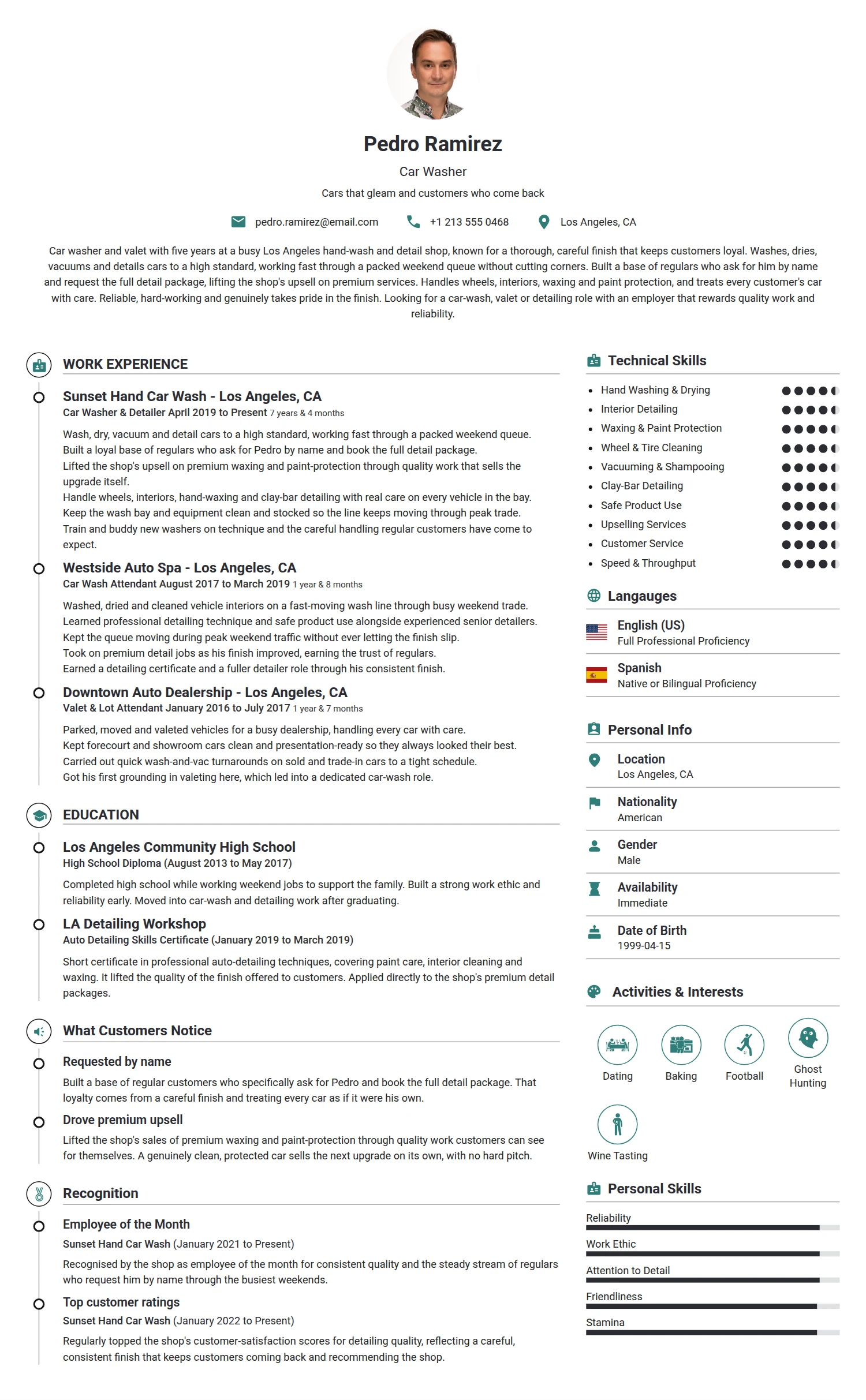 Car Washer resume example — a professionally formatted Misc CV sample