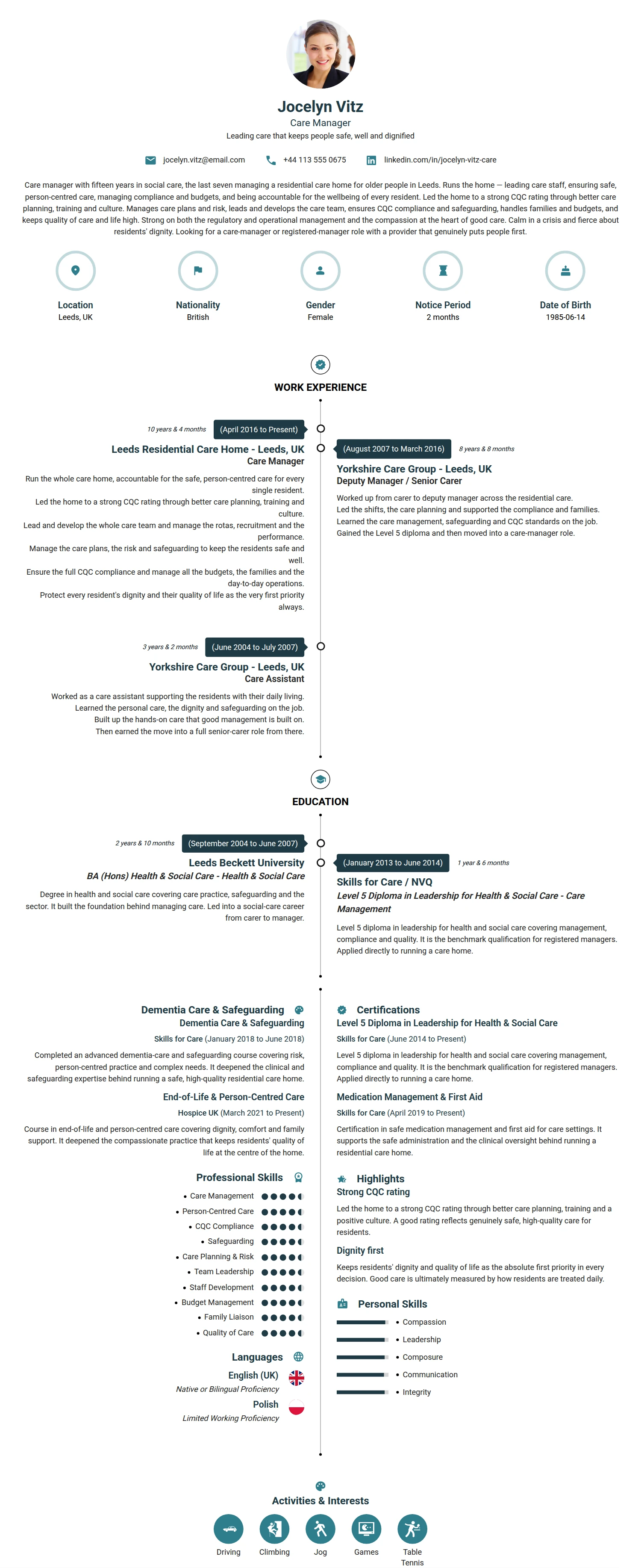 Care Manager resume example — a professionally formatted Medical & Healthcare CV sample