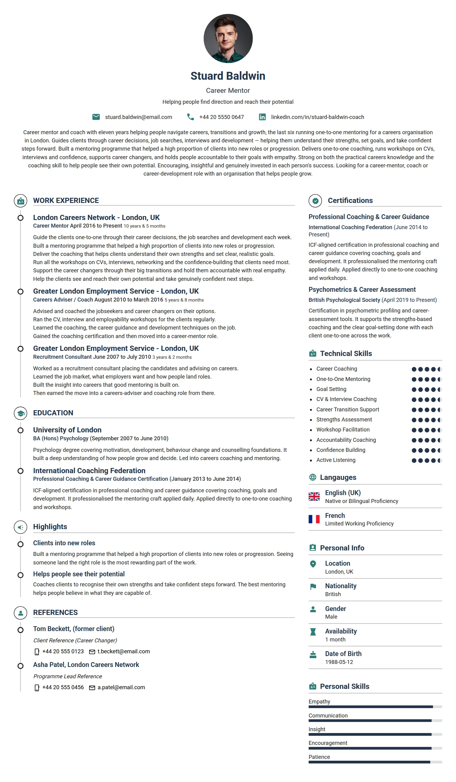 Career Mentor resume example — a professionally formatted Business Management CV sample