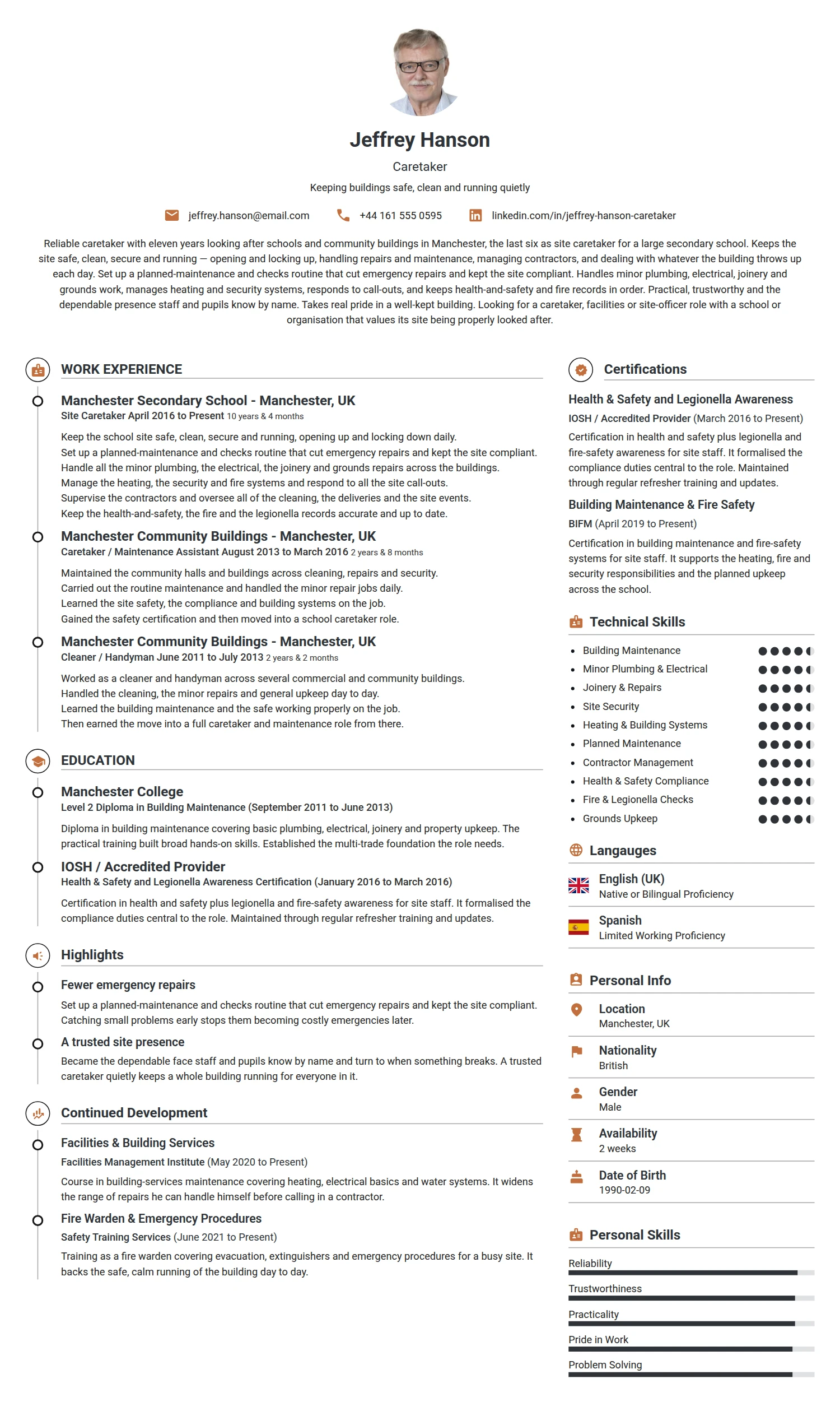 Caretaker resume example — a professionally formatted Real Estate CV sample