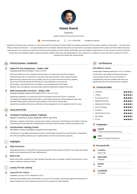 Carpenter resume example