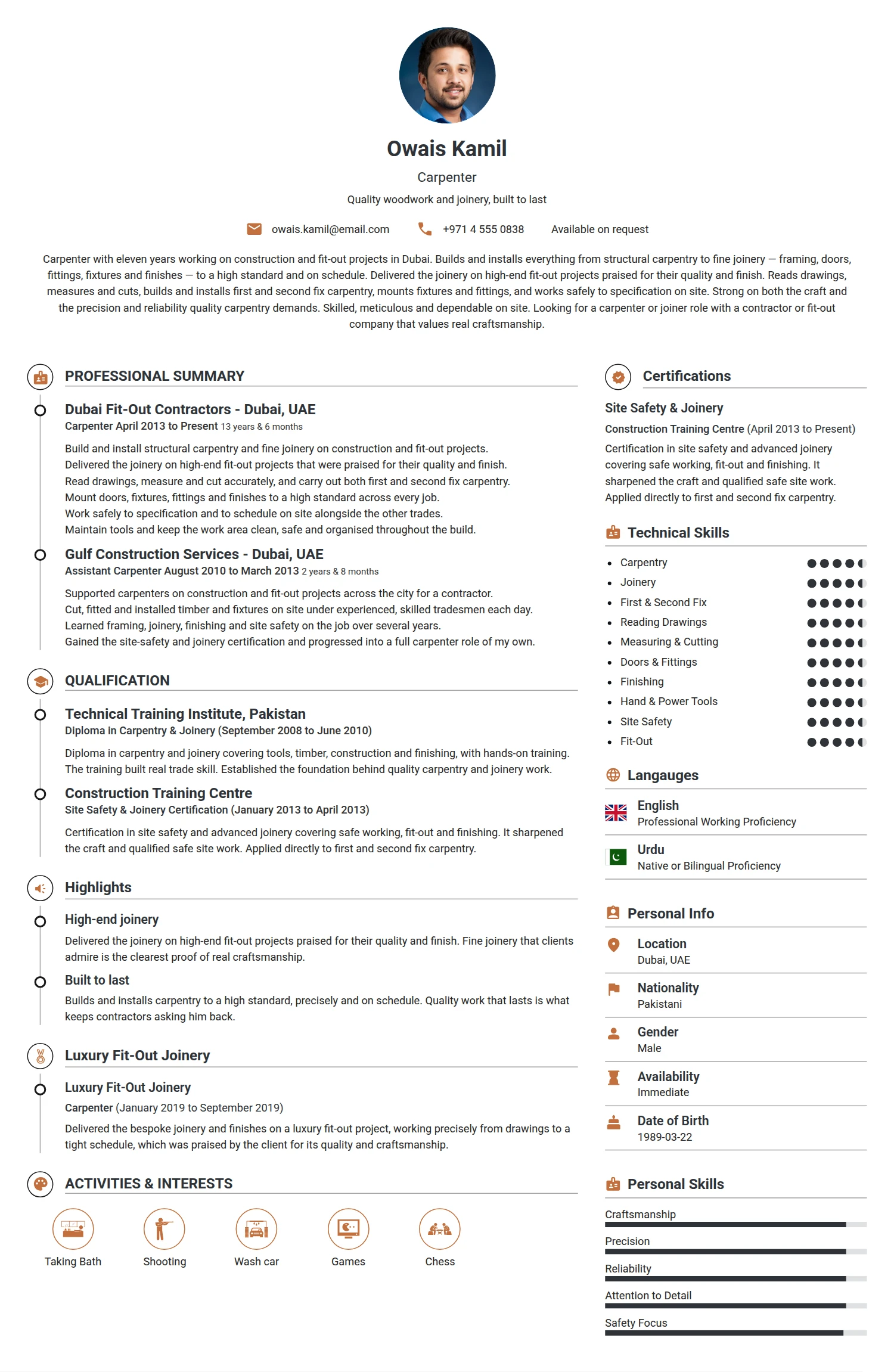Carpenter resume example — a professionally formatted Art/Creative/Design CV sample