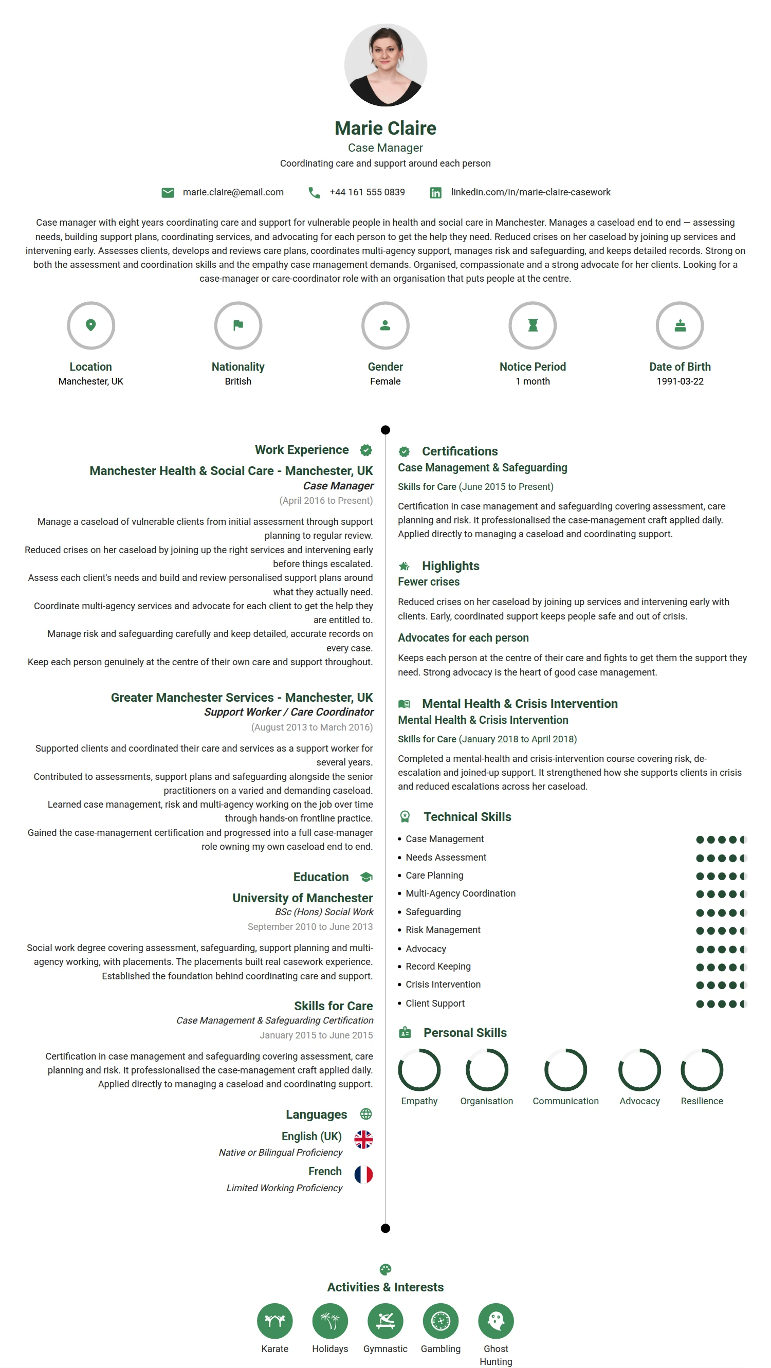 Case Manager resume example — a professionally formatted Financial Services & Banking CV sample