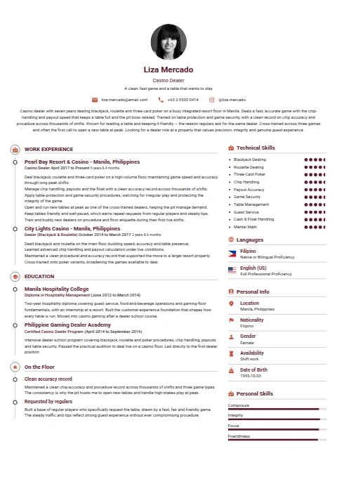Casino Dealer resume example