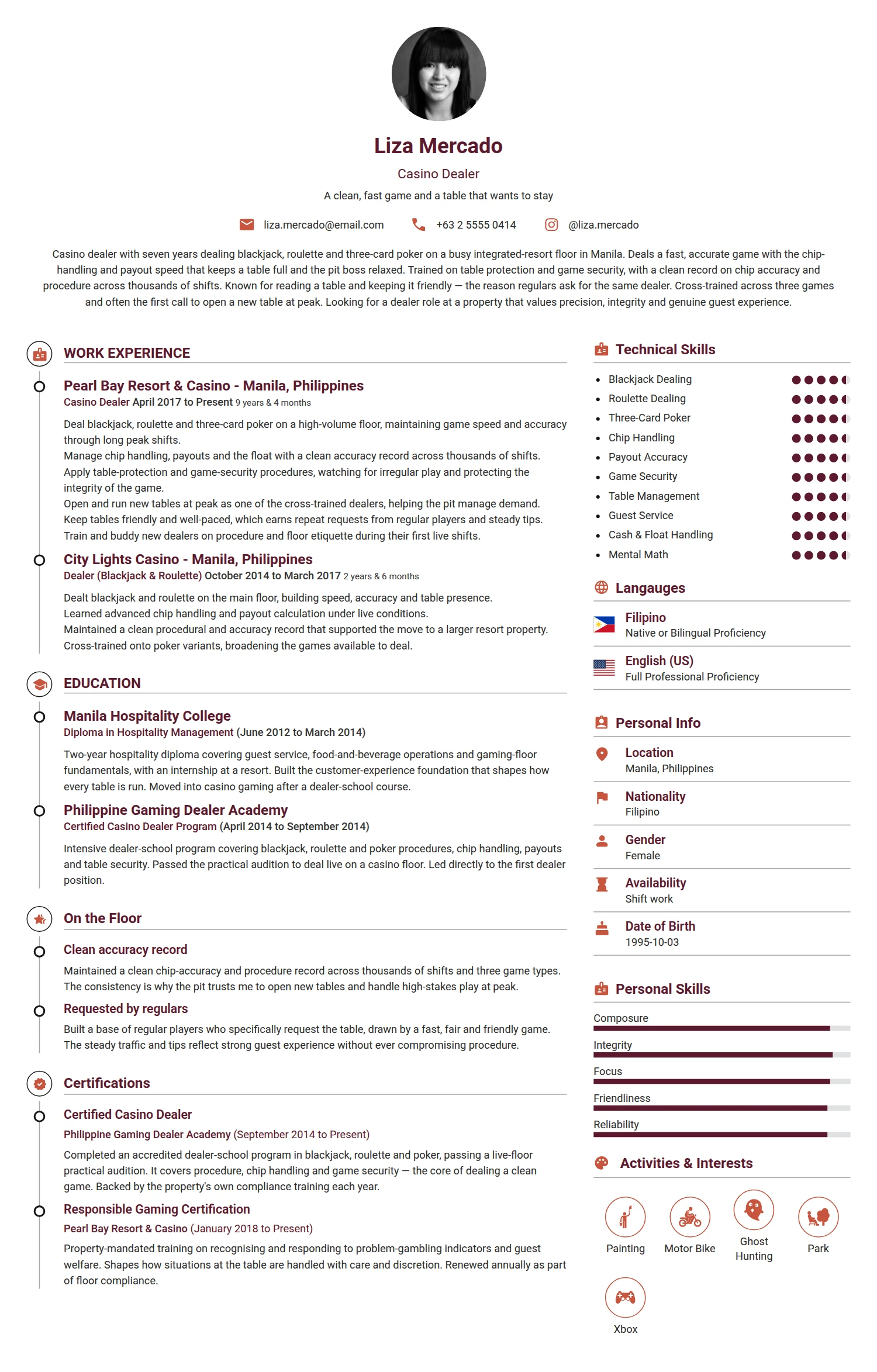 Casino Dealer resume example — a professionally formatted Misc CV sample