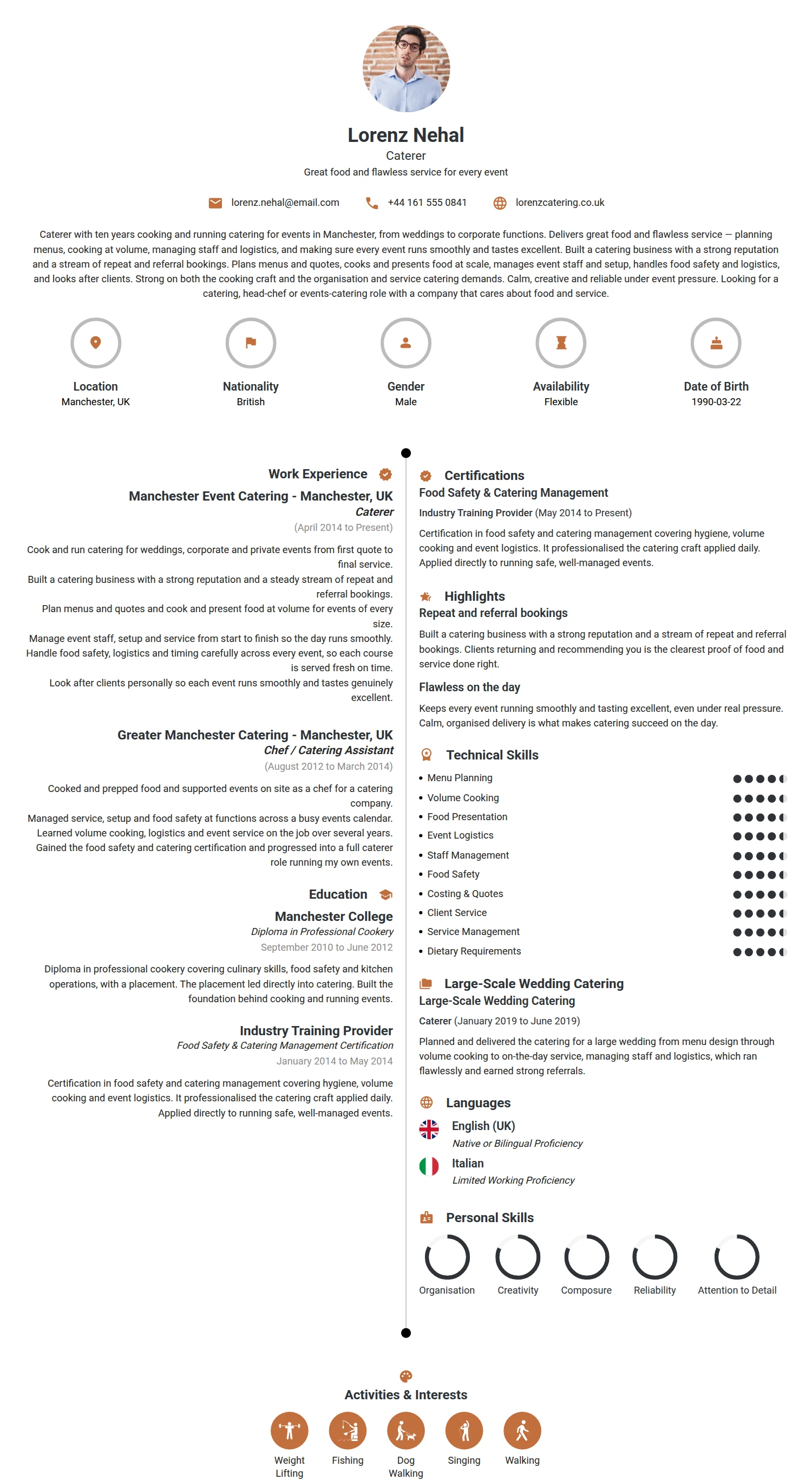 Caterer resume example — a professionally formatted Hospitality CV sample