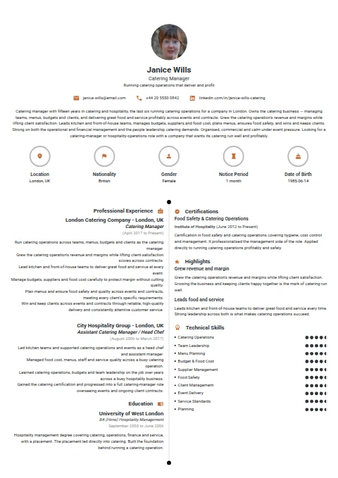 Catering Manager resume example — a professionally formatted Hospitality CV sample