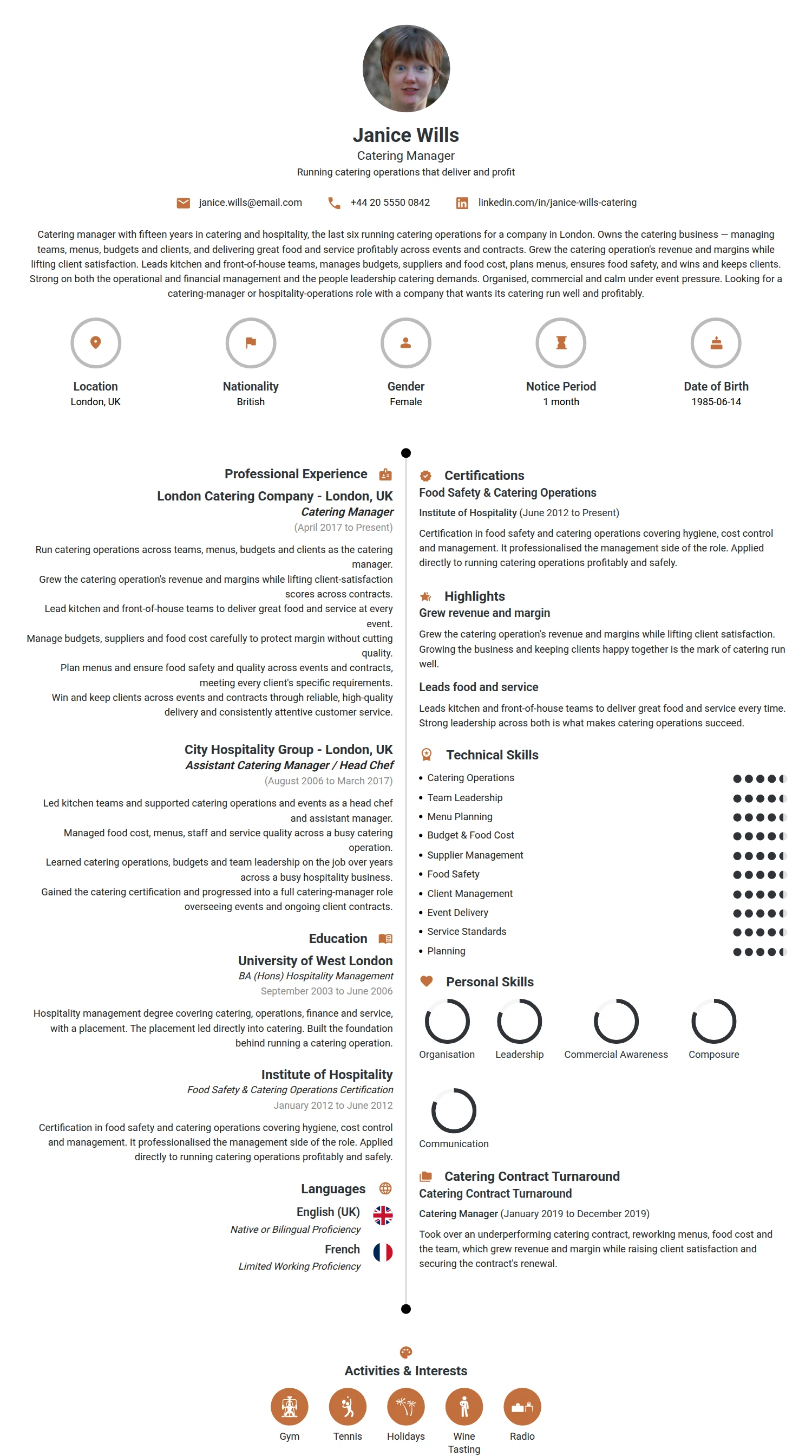 Catering Manager resume example — a professionally formatted Hospitality CV sample