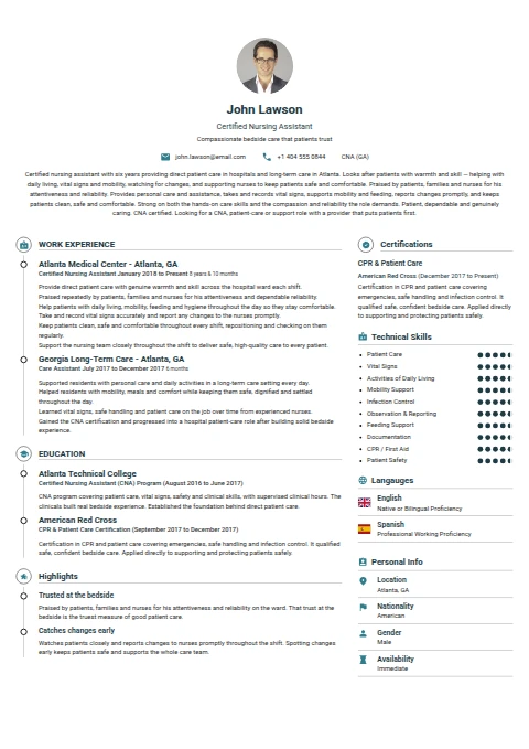 Certified Nursing Assistant resume example