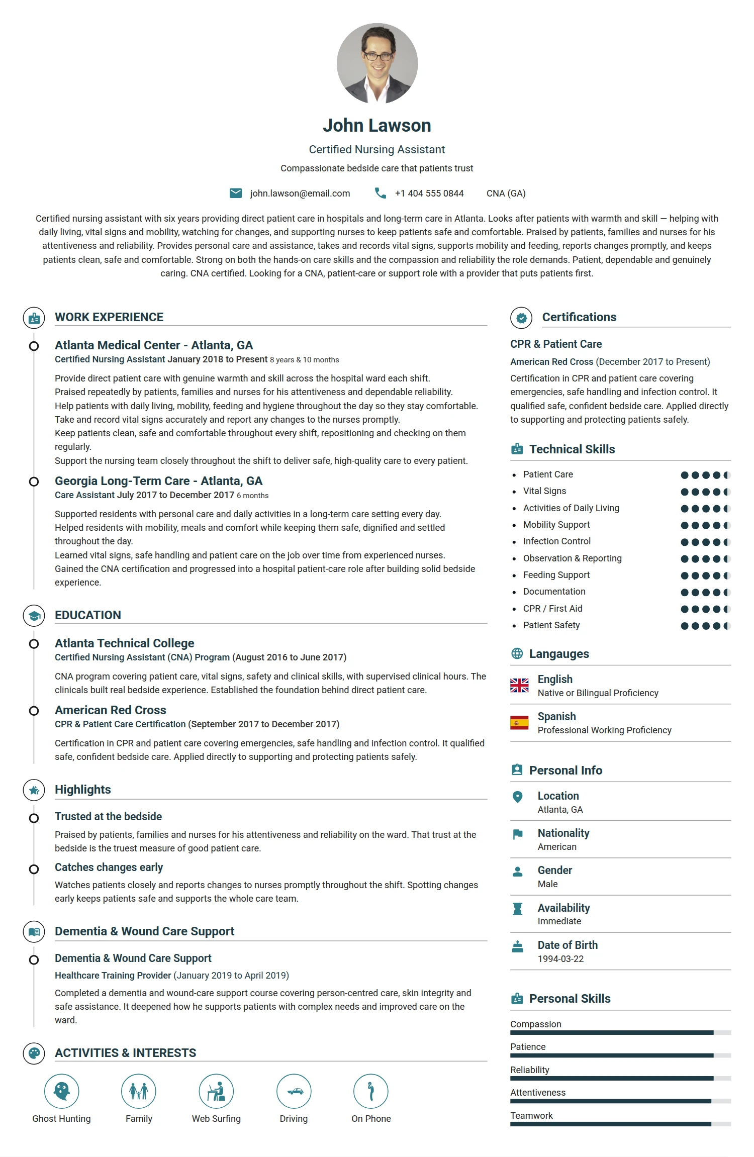 Certified Nursing Assistant resume example — a professionally formatted Medical & Healthcare CV sample