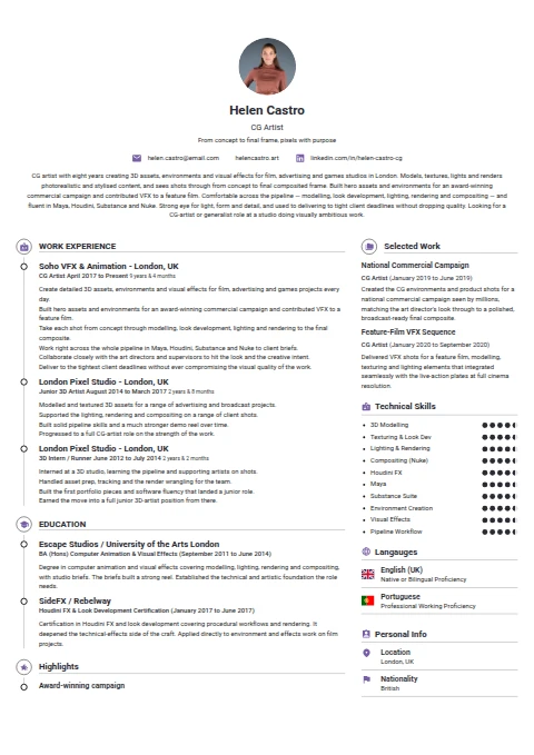CG Artist resume example