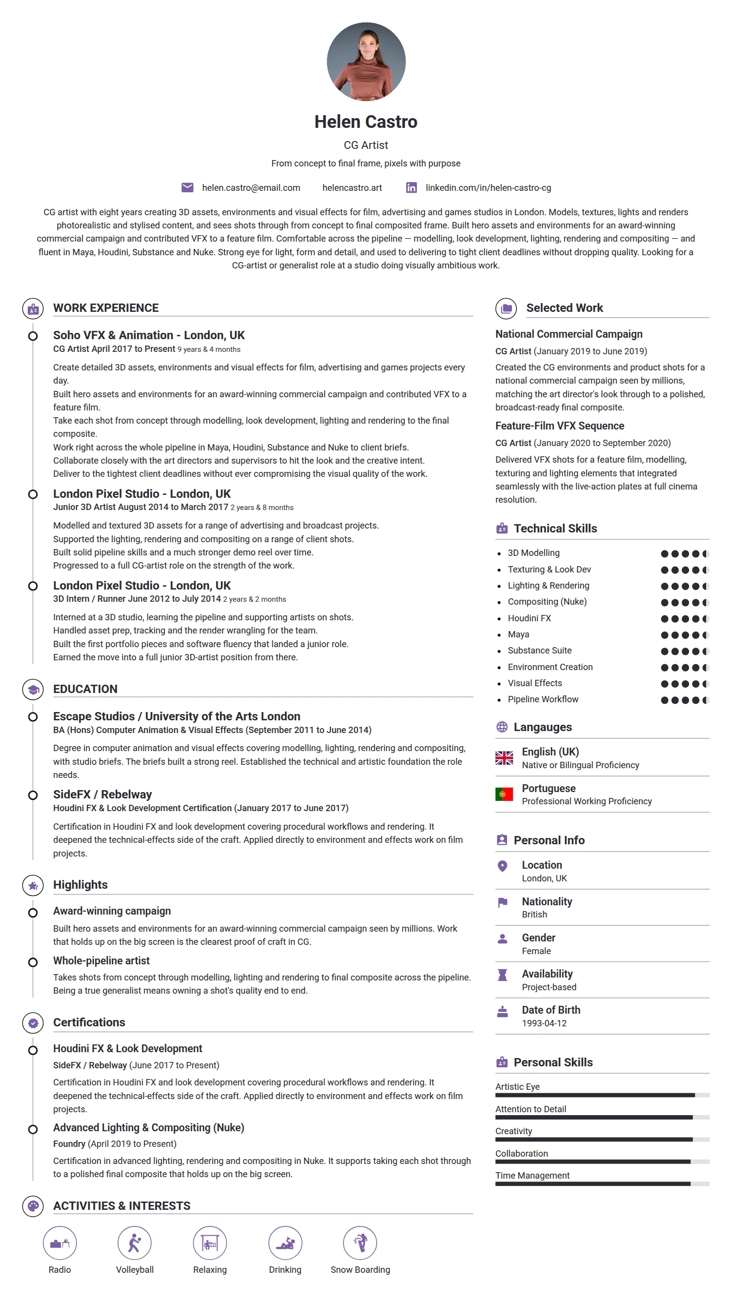 CG Artist resume example — a professionally formatted Art/Creative/Design CV sample