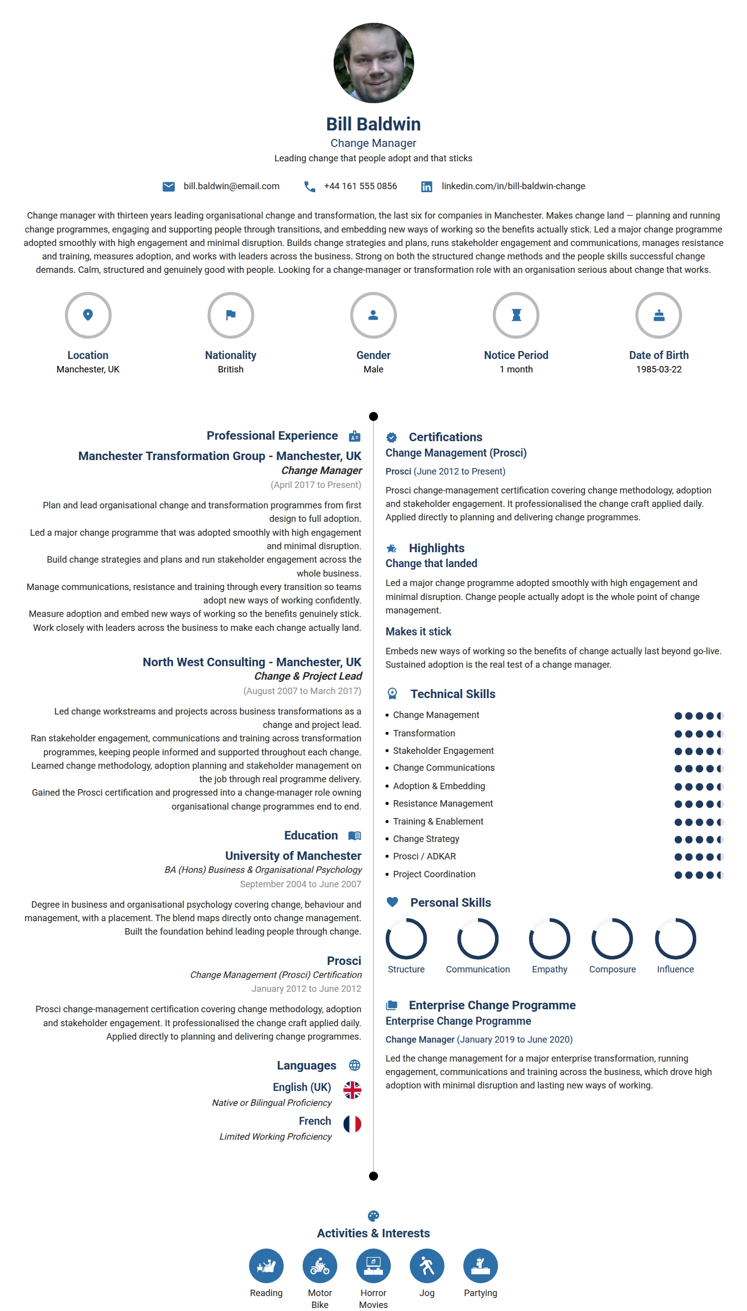 Change Manager resume example — a professionally formatted Business Management CV sample