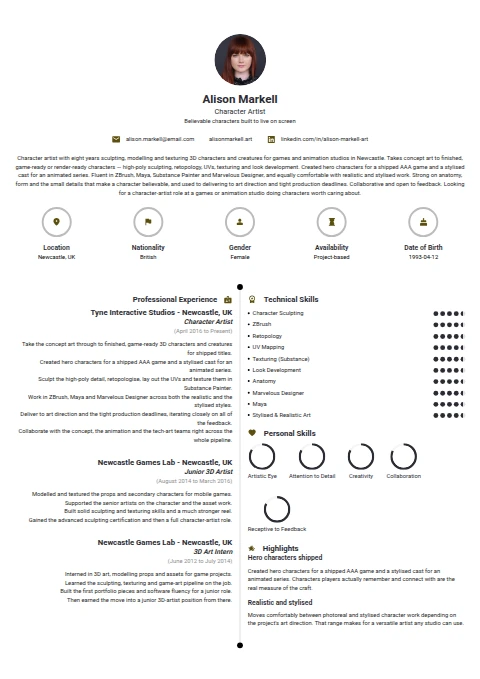 Character Artist resume example