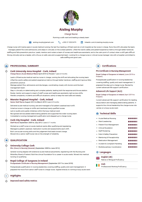Charge Nurse resume example — a professionally formatted Medical & Healthcare CV sample