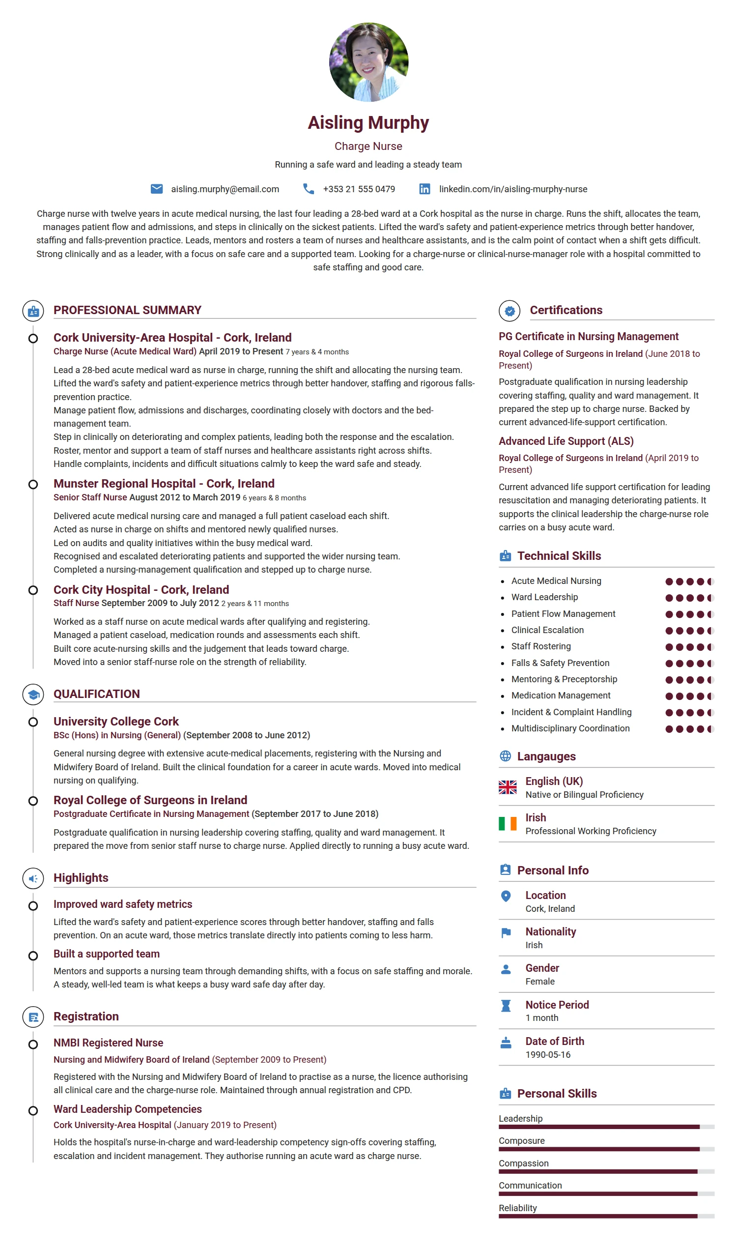 Charge Nurse resume example — a professionally formatted Medical & Healthcare CV sample