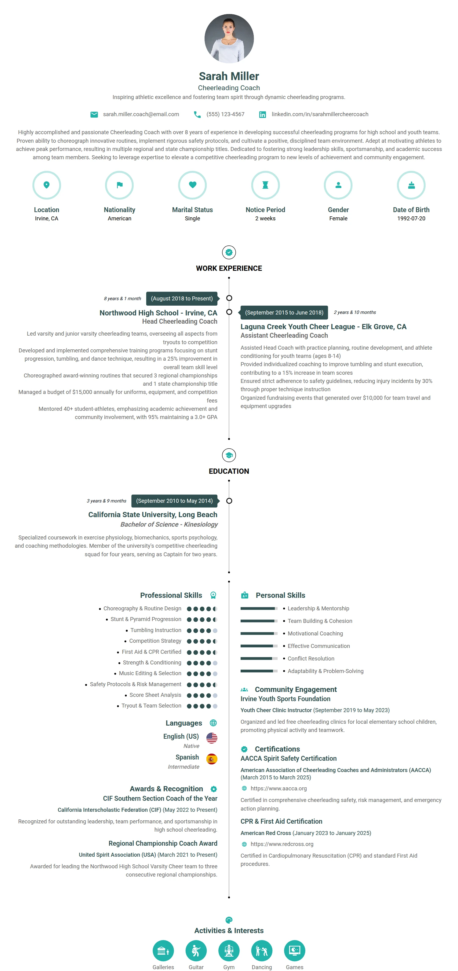 Cheerleading Coach resume example — a professionally formatted Misc CV sample