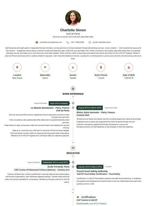 Chef De Partie resume example