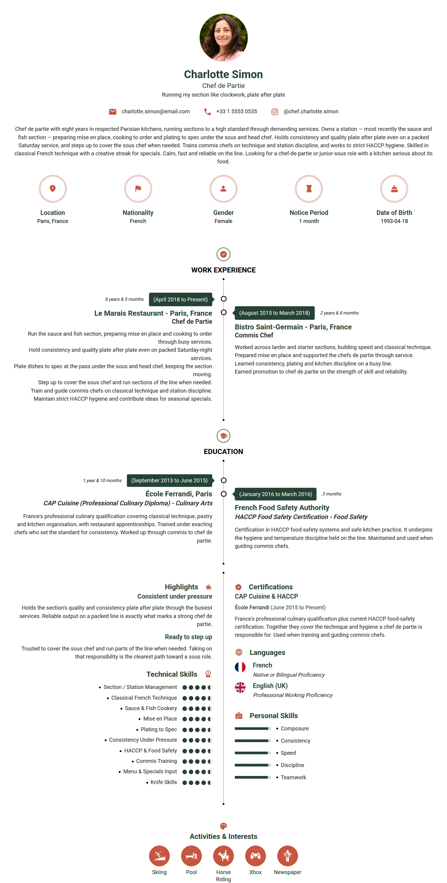 Chef De Partie resume example — a professionally formatted Hospitality CV sample