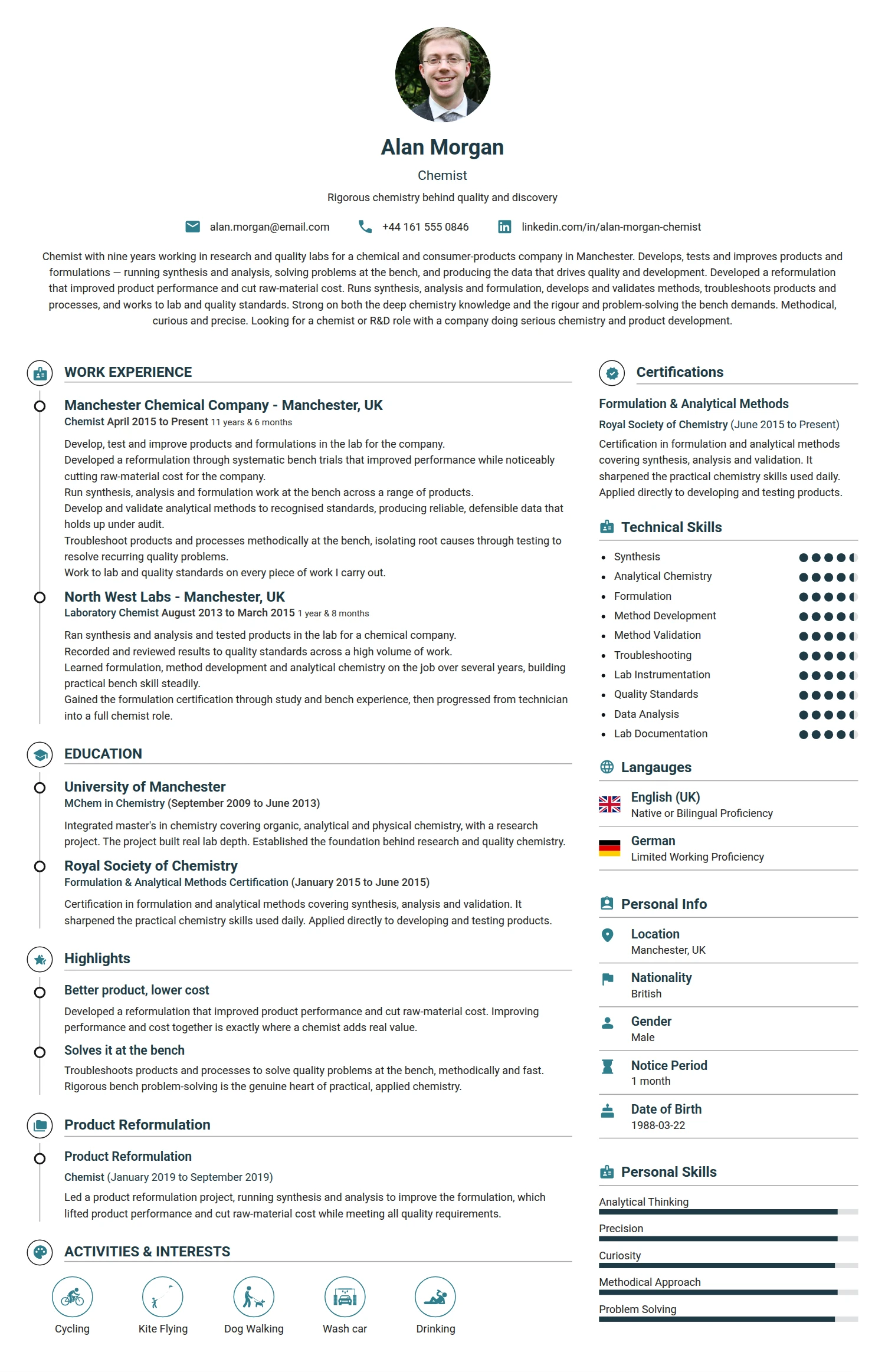 Chemist resume example — a professionally formatted Science & Research CV sample
