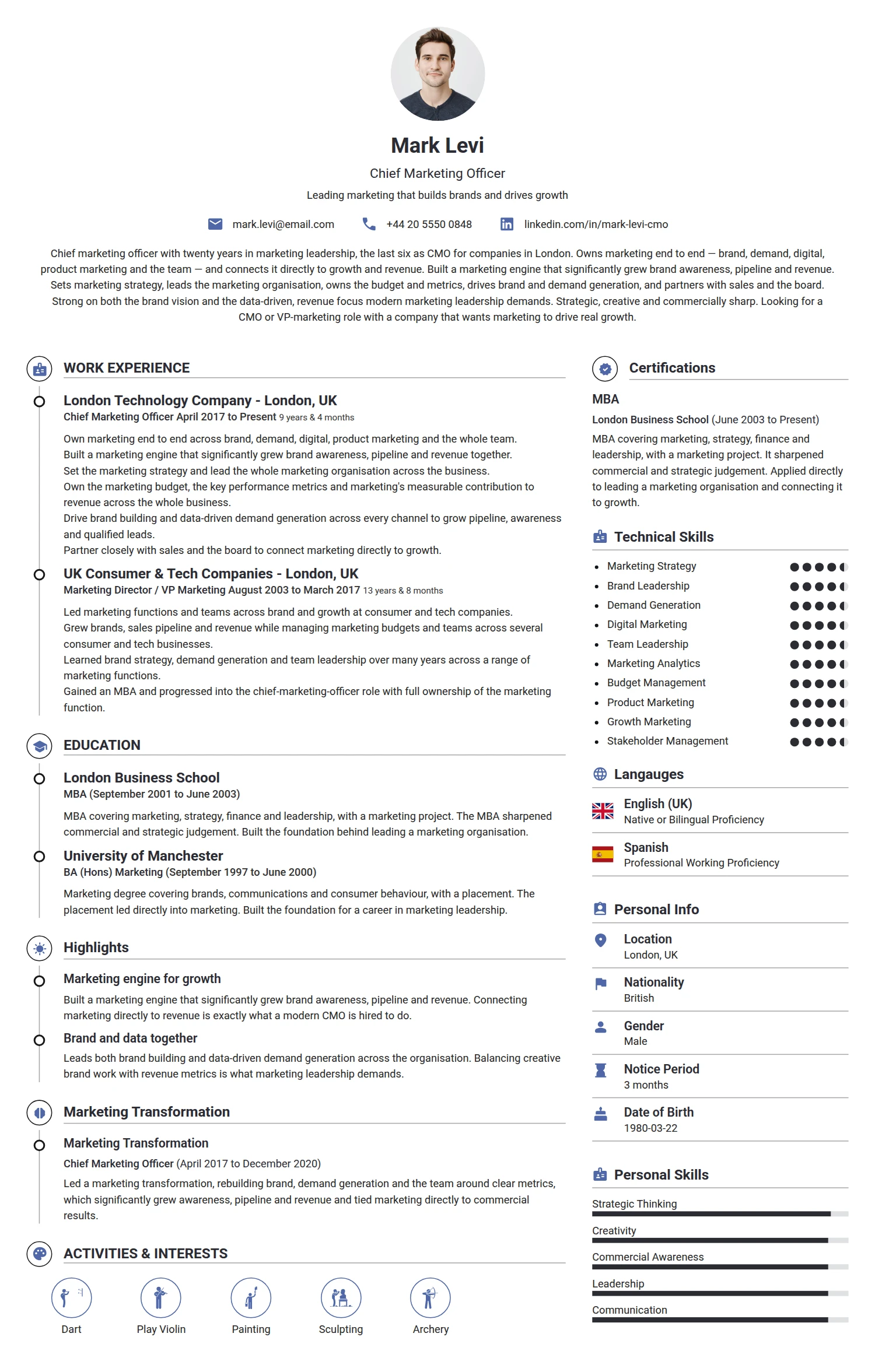 Chief Marketing Officer resume example — a professionally formatted Advertising/Marketing/PR CV sample