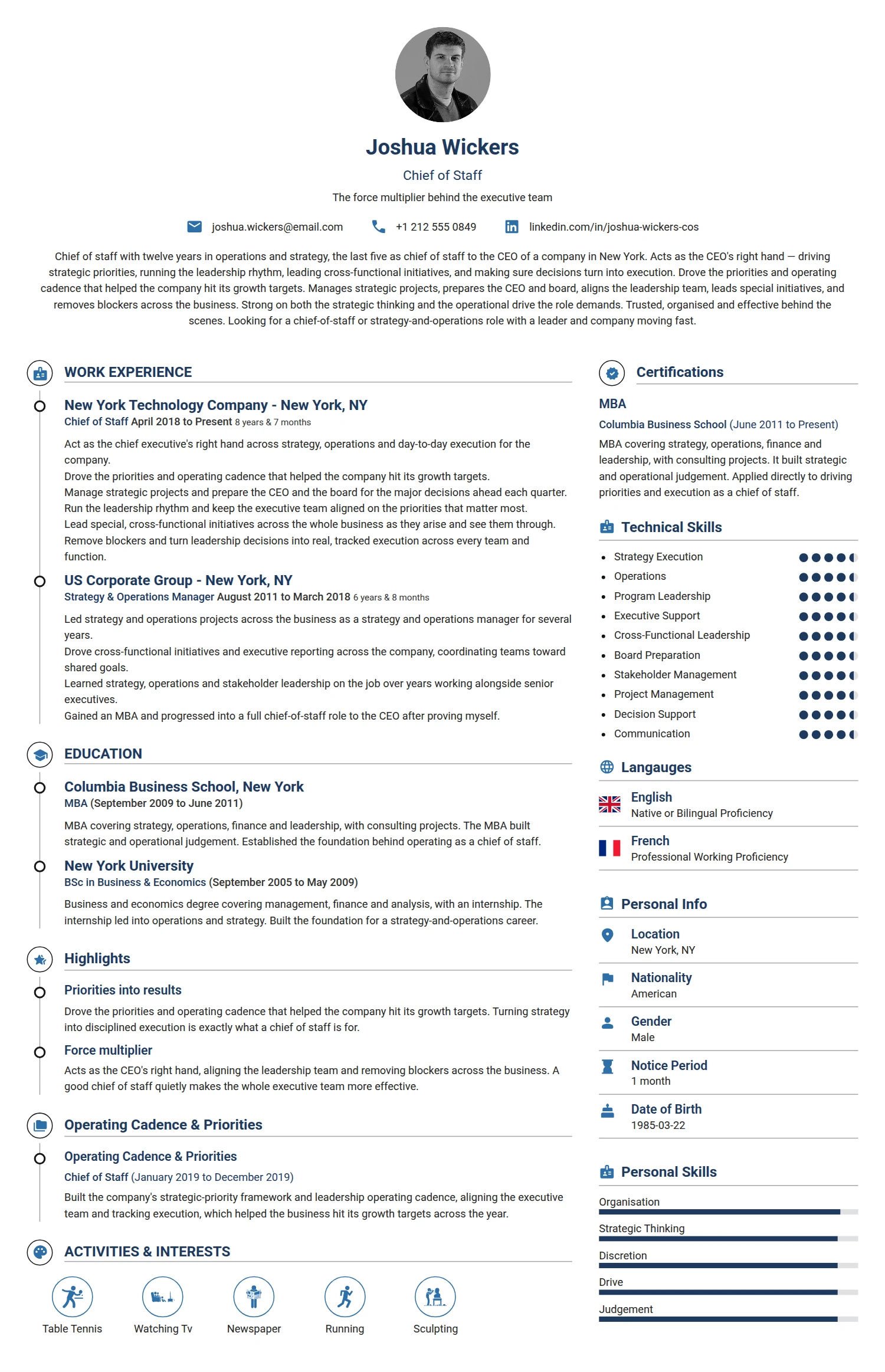 Chief Of Staff resume example — a professionally formatted Human Resources CV sample