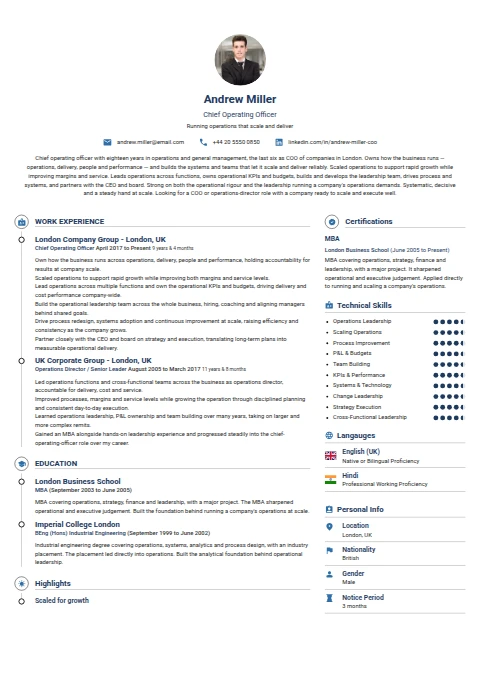 Chief Operating Officer resume example