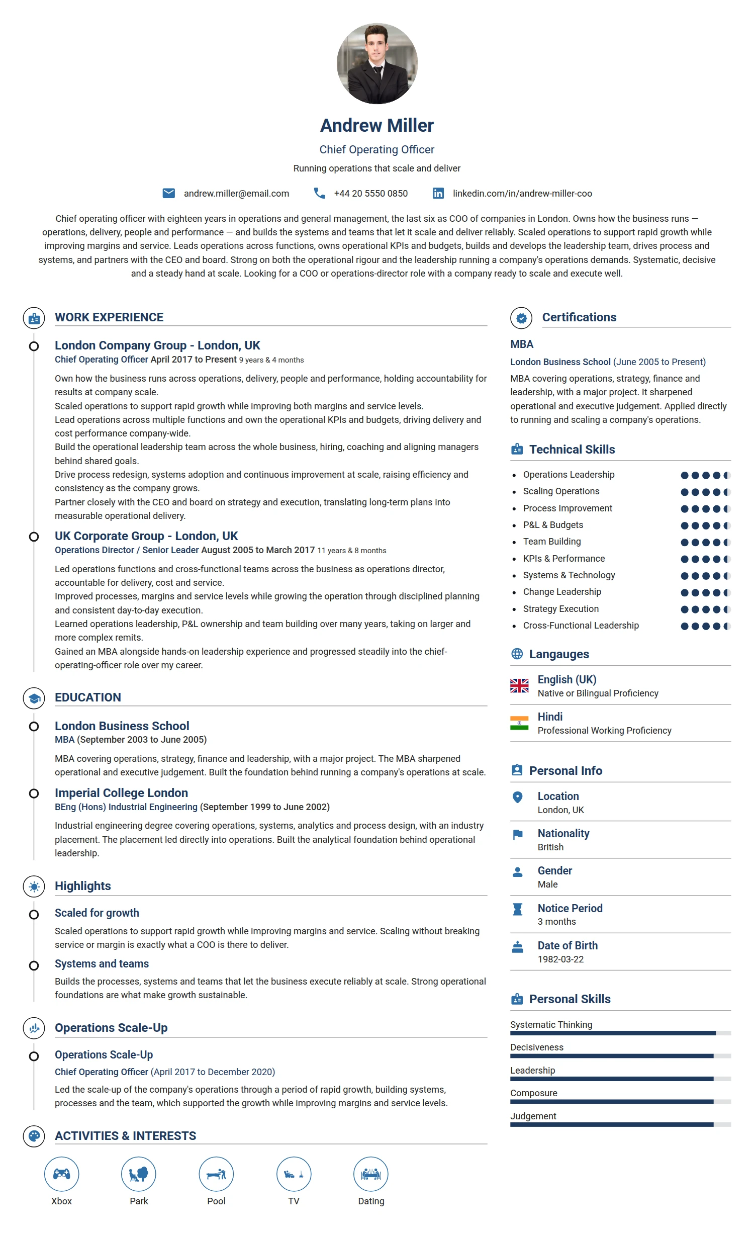 Chief Operating Officer resume example — a professionally formatted Business Management CV sample