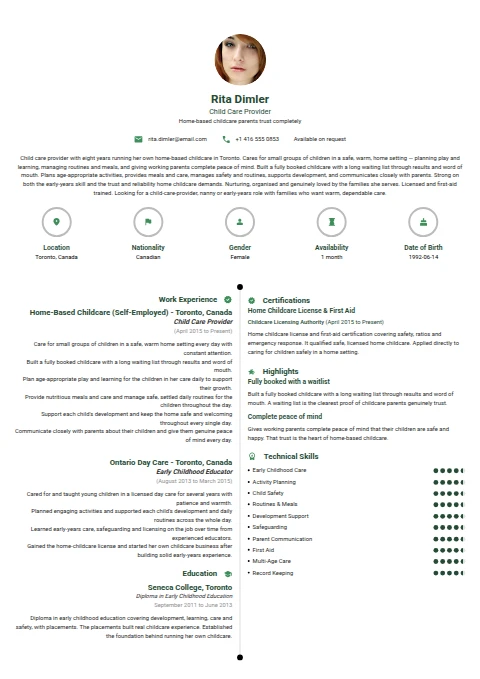 Child Care Provider resume example — a professionally formatted Medical & Healthcare CV sample