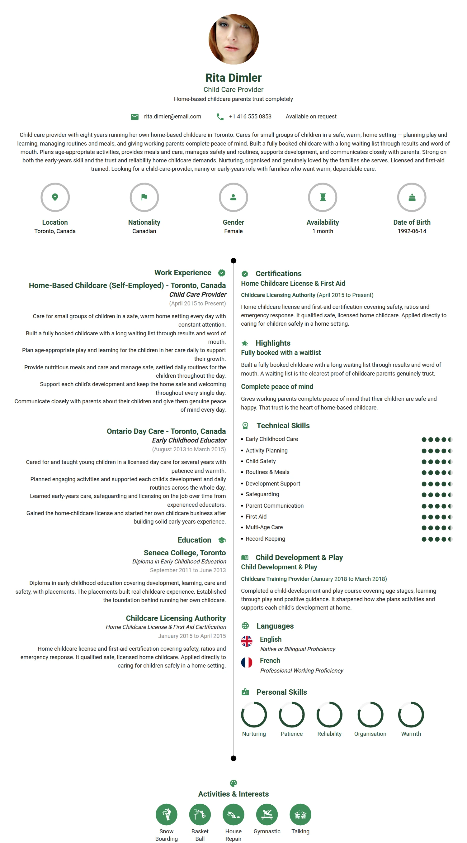 Child Care Provider resume example — a professionally formatted Medical & Healthcare CV sample