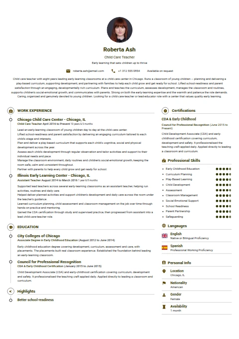 Child Care Teacher resume example