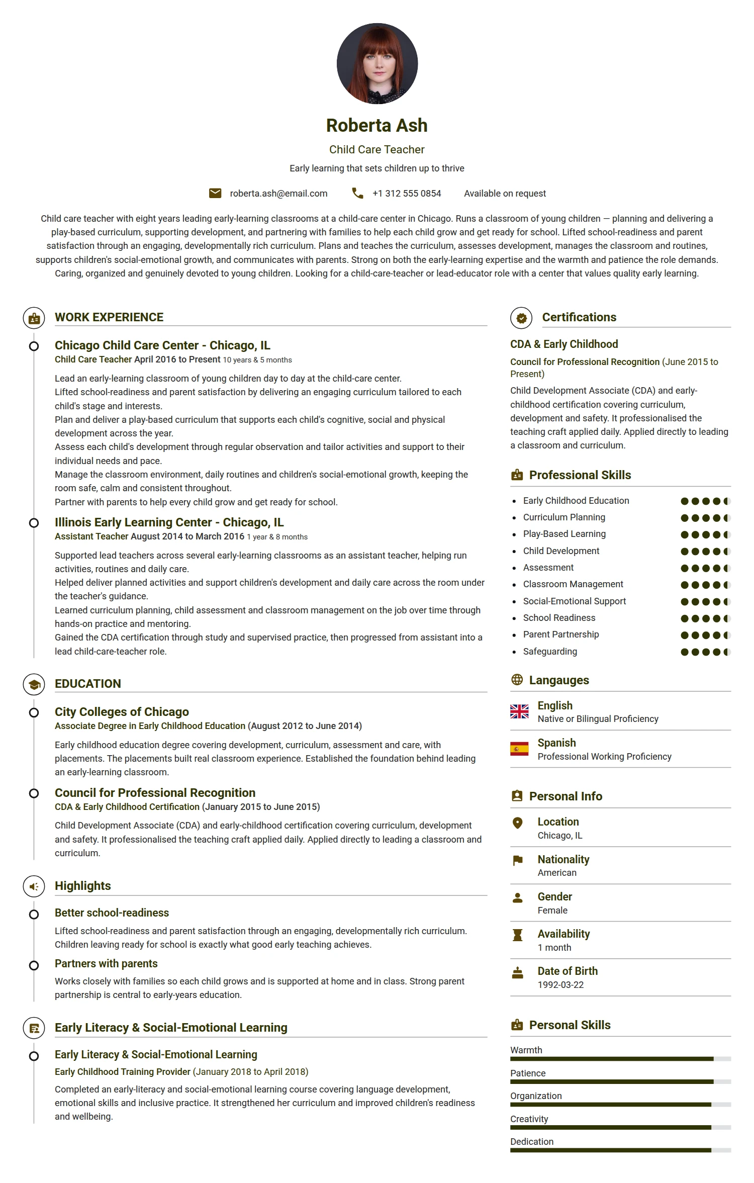 Child Care Teacher resume example — a professionally formatted Child Care CV sample