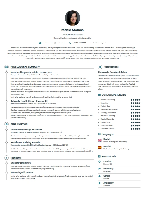Chiropractic Assistant resume example — a professionally formatted Medical & Healthcare CV sample