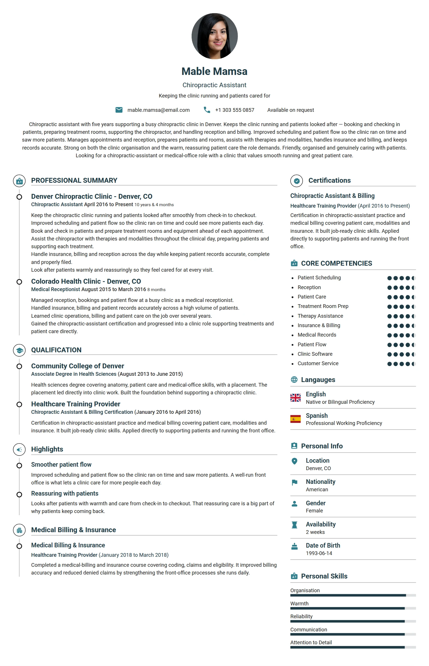 Chiropractic Assistant resume example — a professionally formatted Medical & Healthcare CV sample
