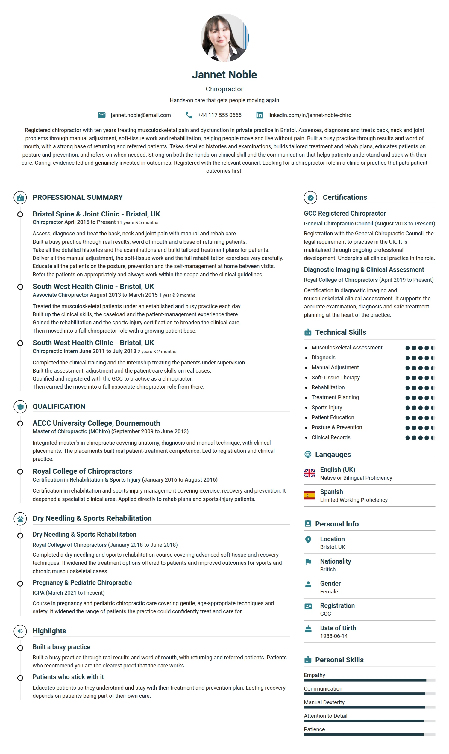 Chiropractor resume example — a professionally formatted Sports & Fitness CV sample