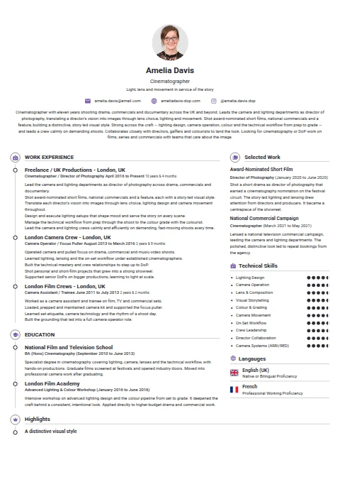 Cinematographer resume example