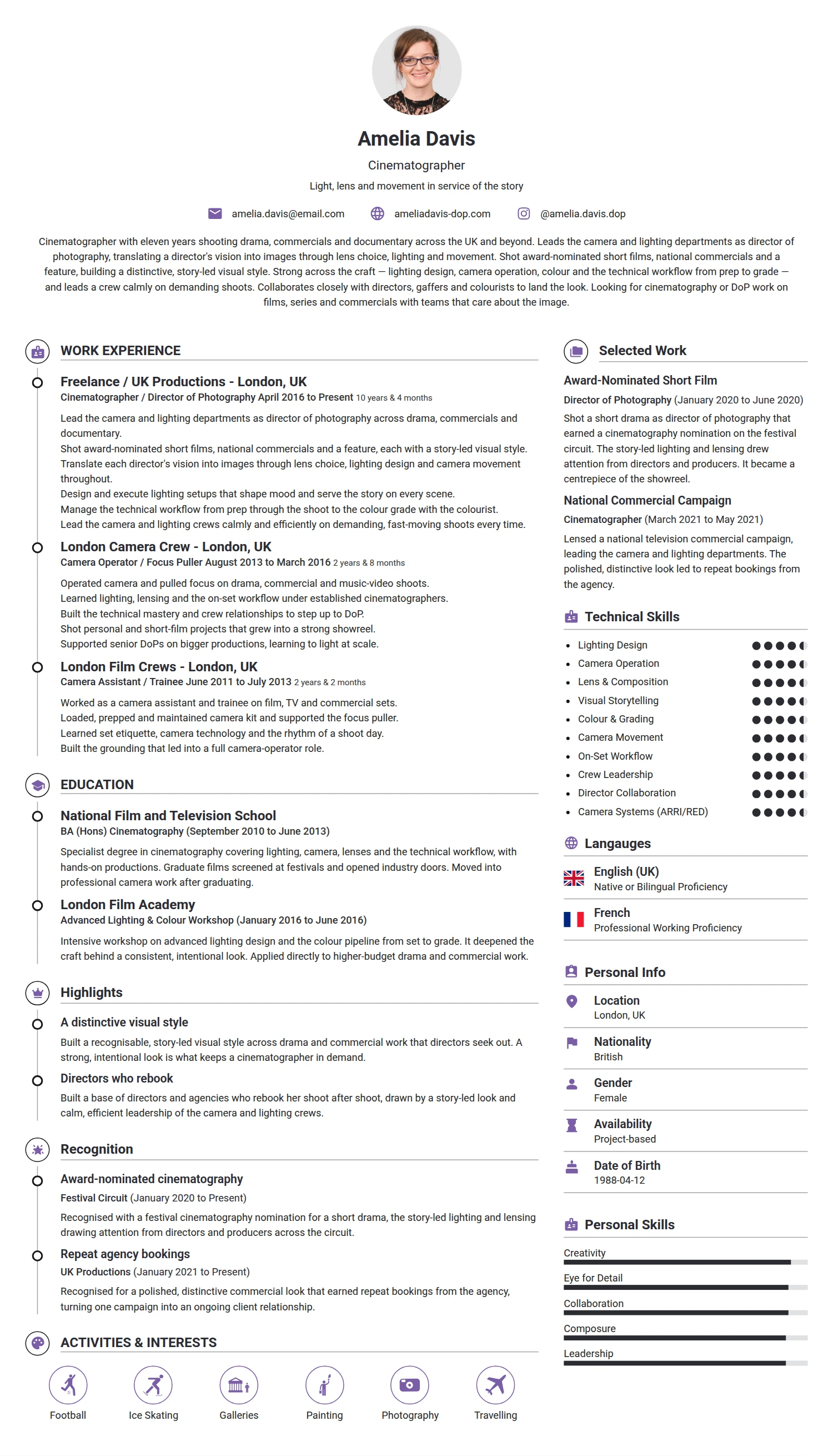 Cinematographer resume example — a professionally formatted Art/Creative/Design CV sample