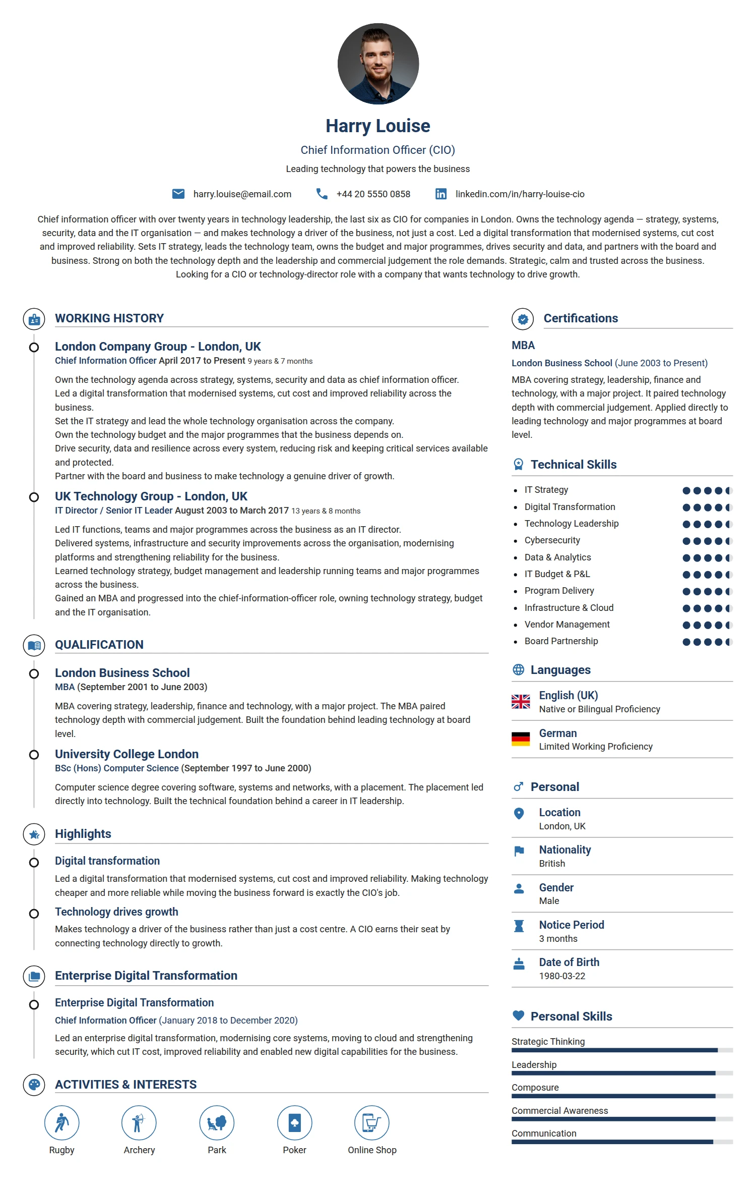 CIO resume example — a professionally formatted Business Management CV sample