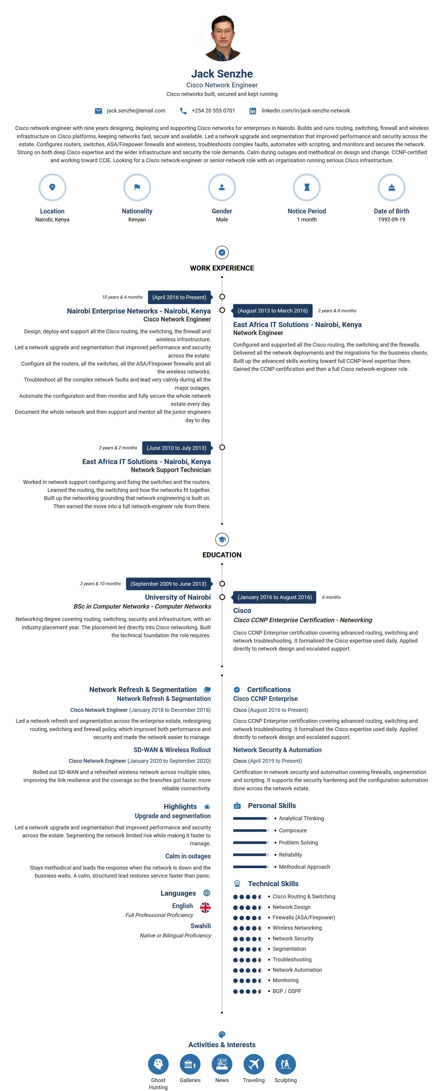 Cisco Network Engineer resume example — a professionally formatted Software Development & IT CV sample