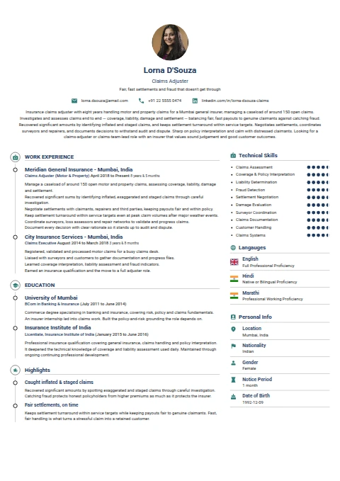 Claims Adjuster resume example