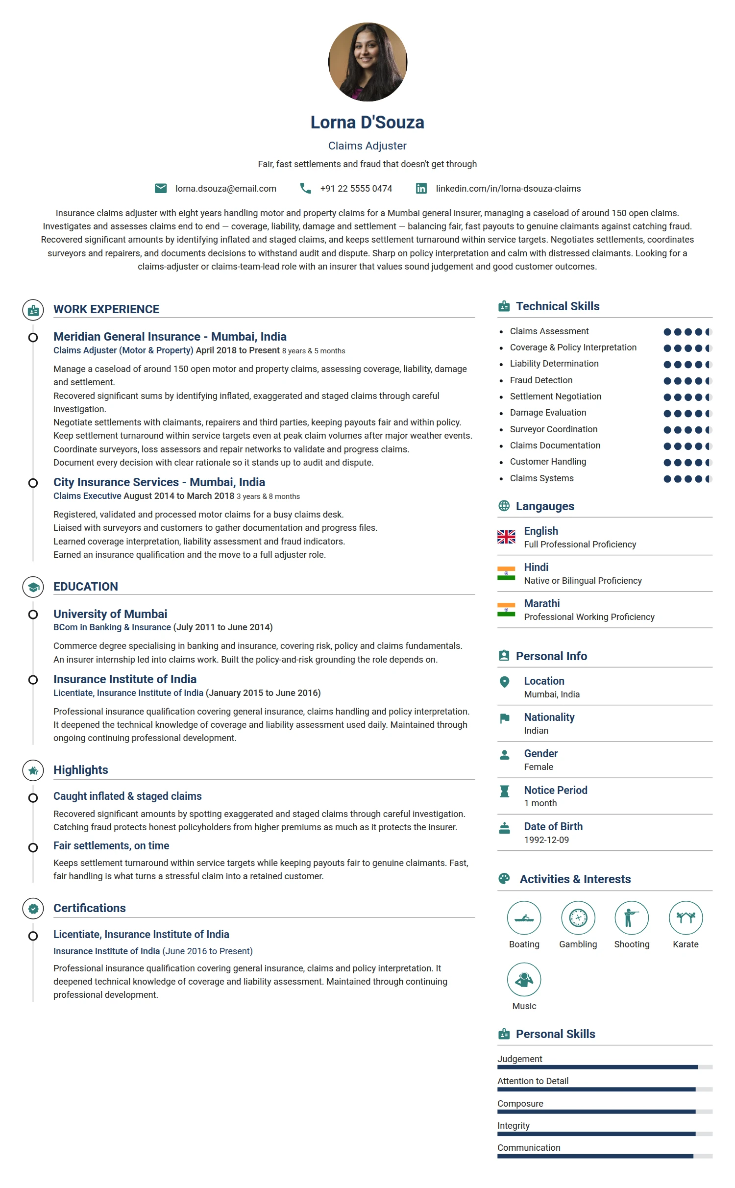 Claims Adjuster resume example — a professionally formatted Insurance CV sample