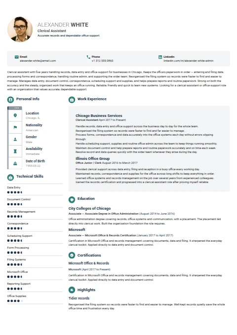 Clerical Assistant resume example — a professionally formatted Administration CV sample