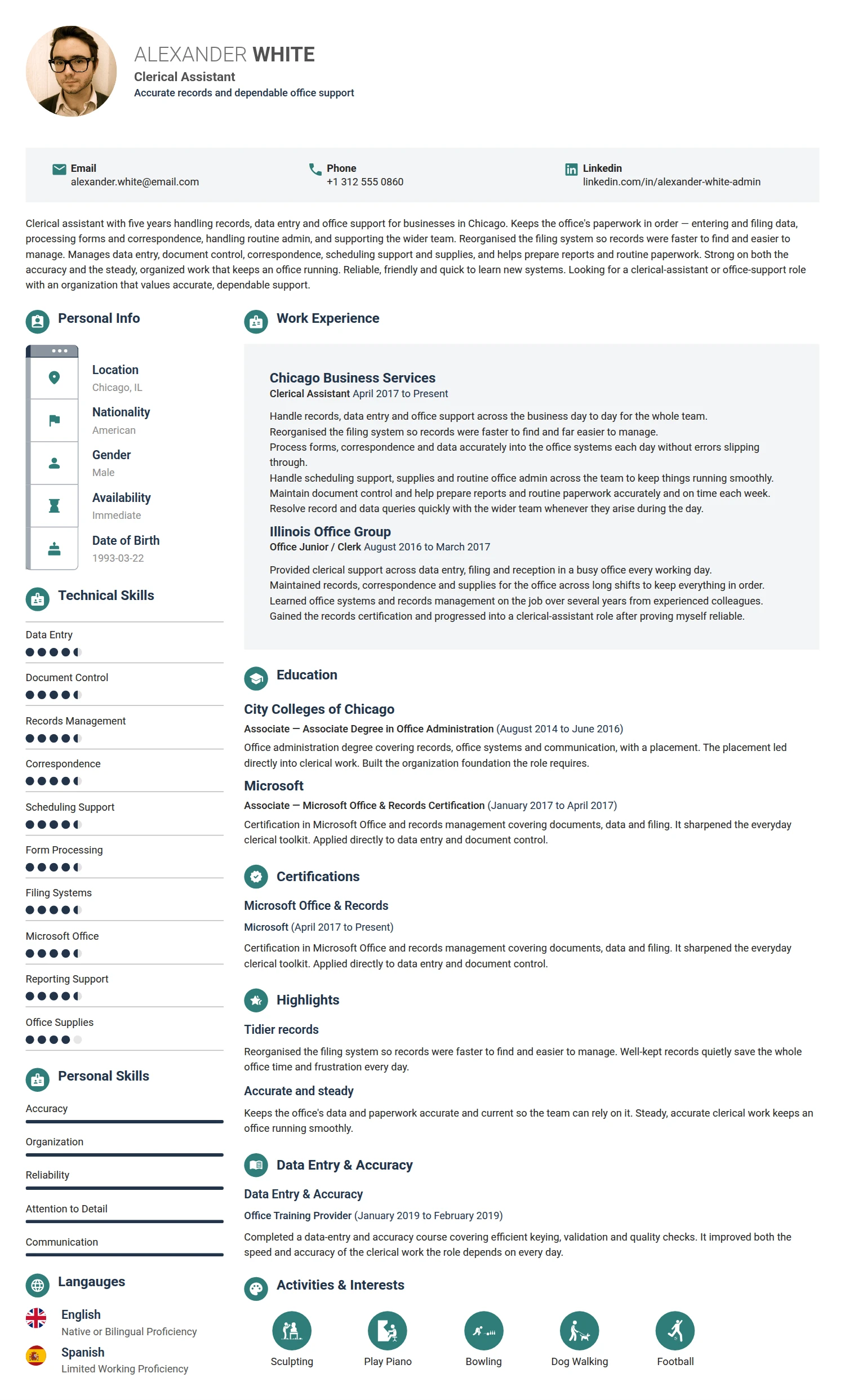 Clerical Assistant resume example — a professionally formatted Administration CV sample