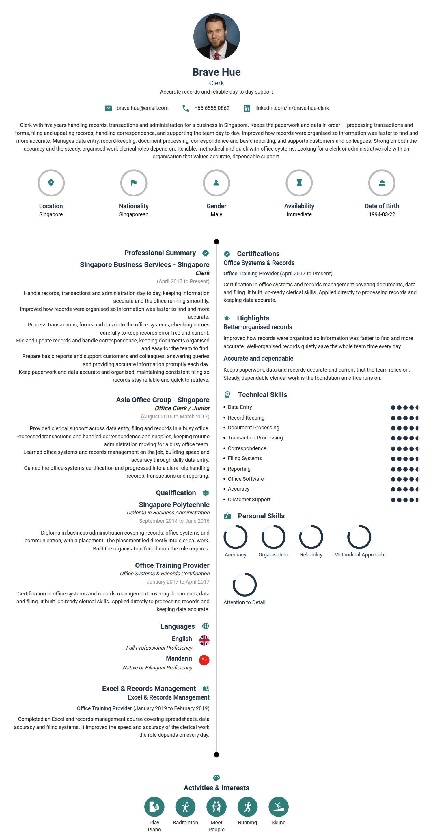 Clerk resume example — a professionally formatted Administration CV sample