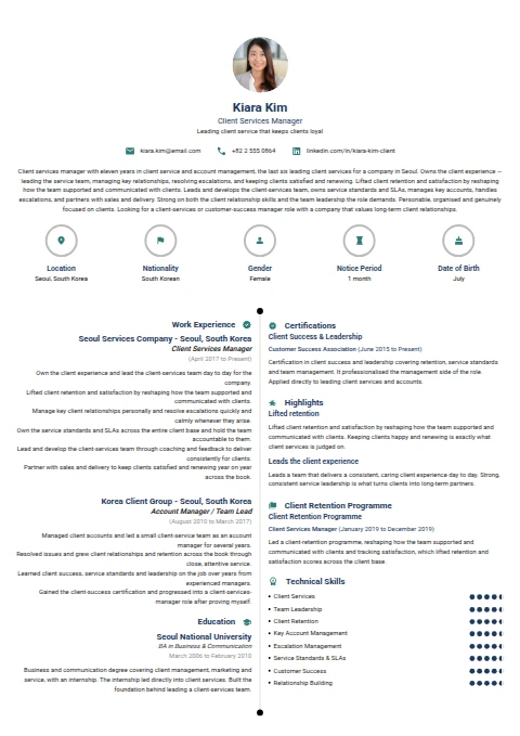 Client Services Manager resume example