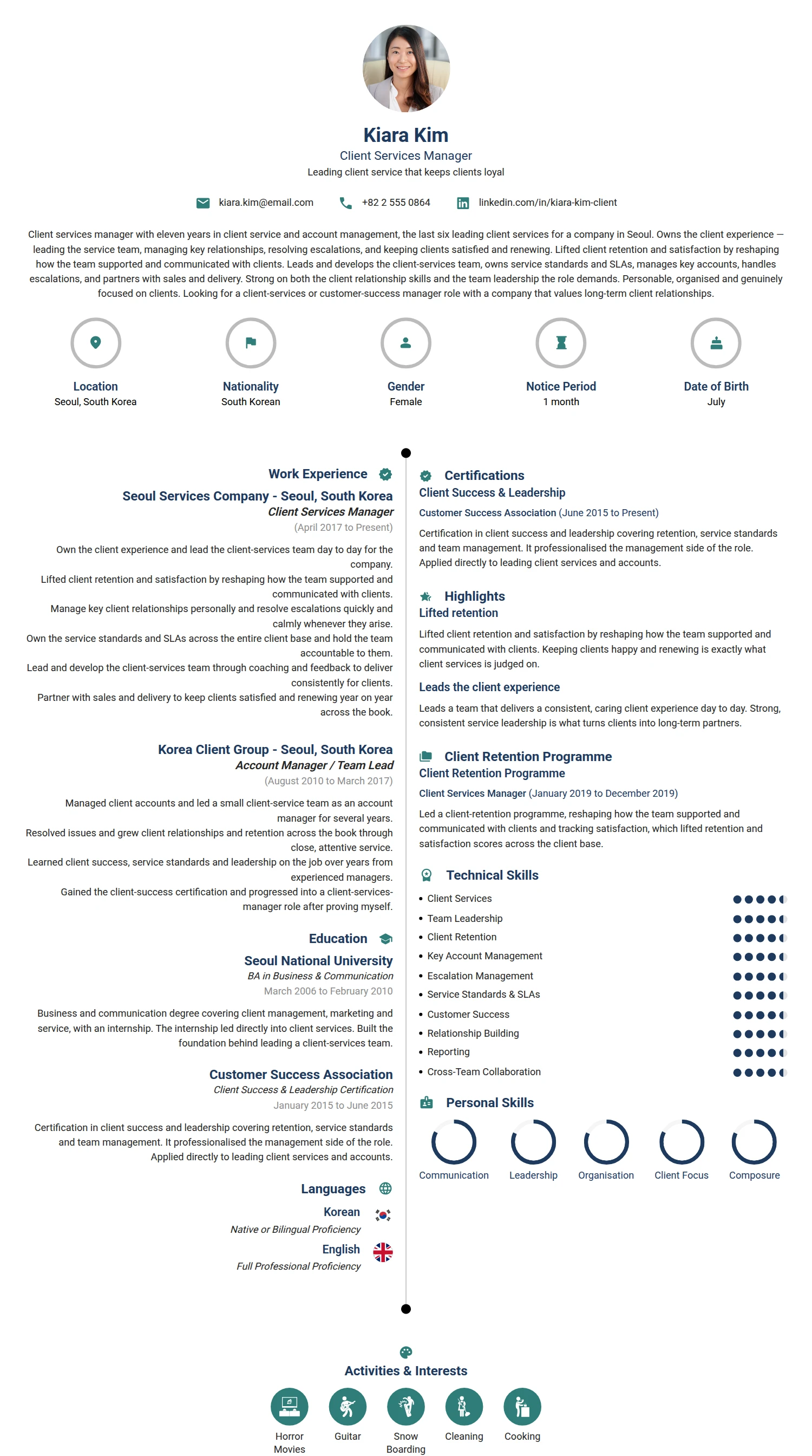 Client Services Manager resume example — a professionally formatted Sales CV sample