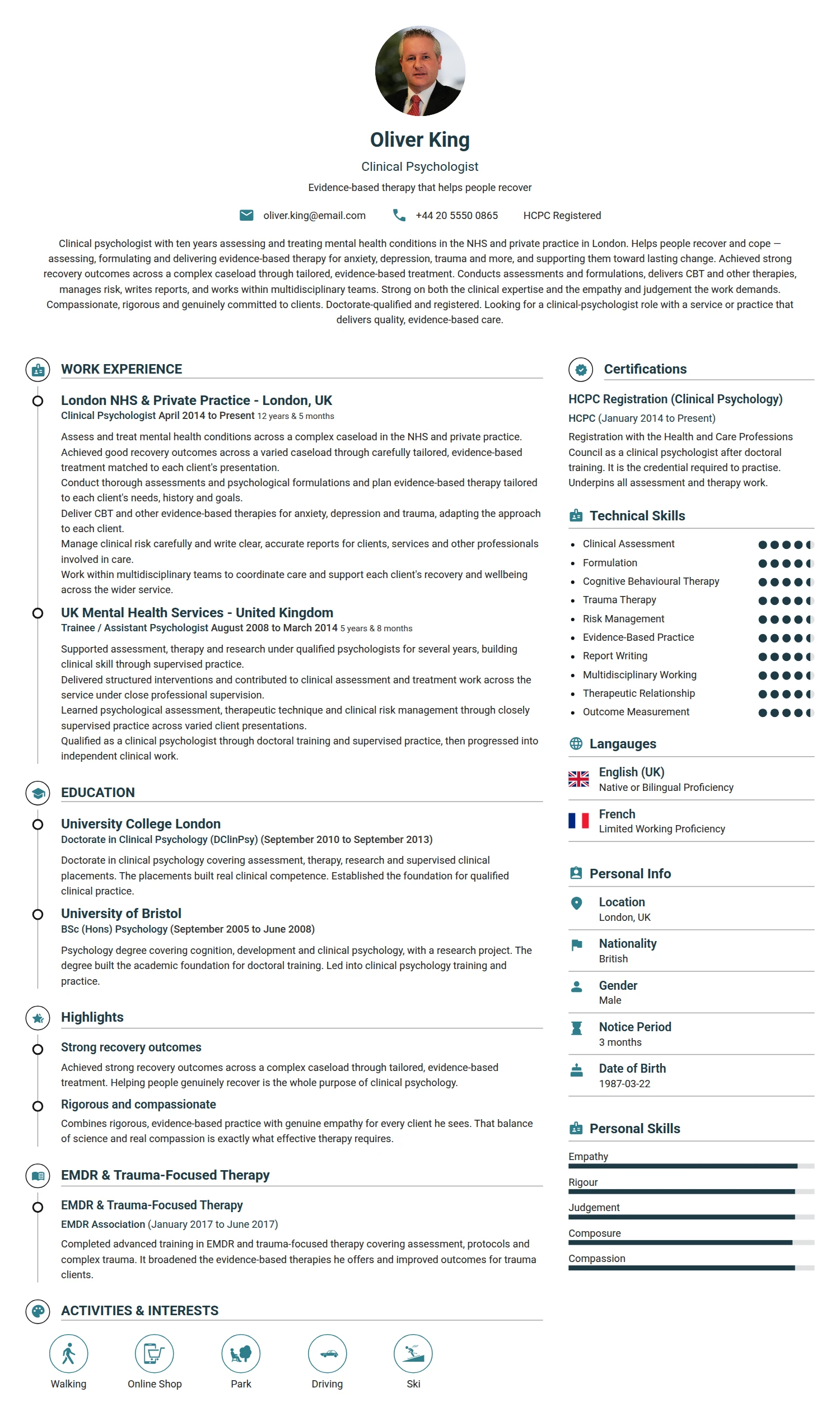 Clinical Psychologist resume example — a professionally formatted Medical & Healthcare CV sample