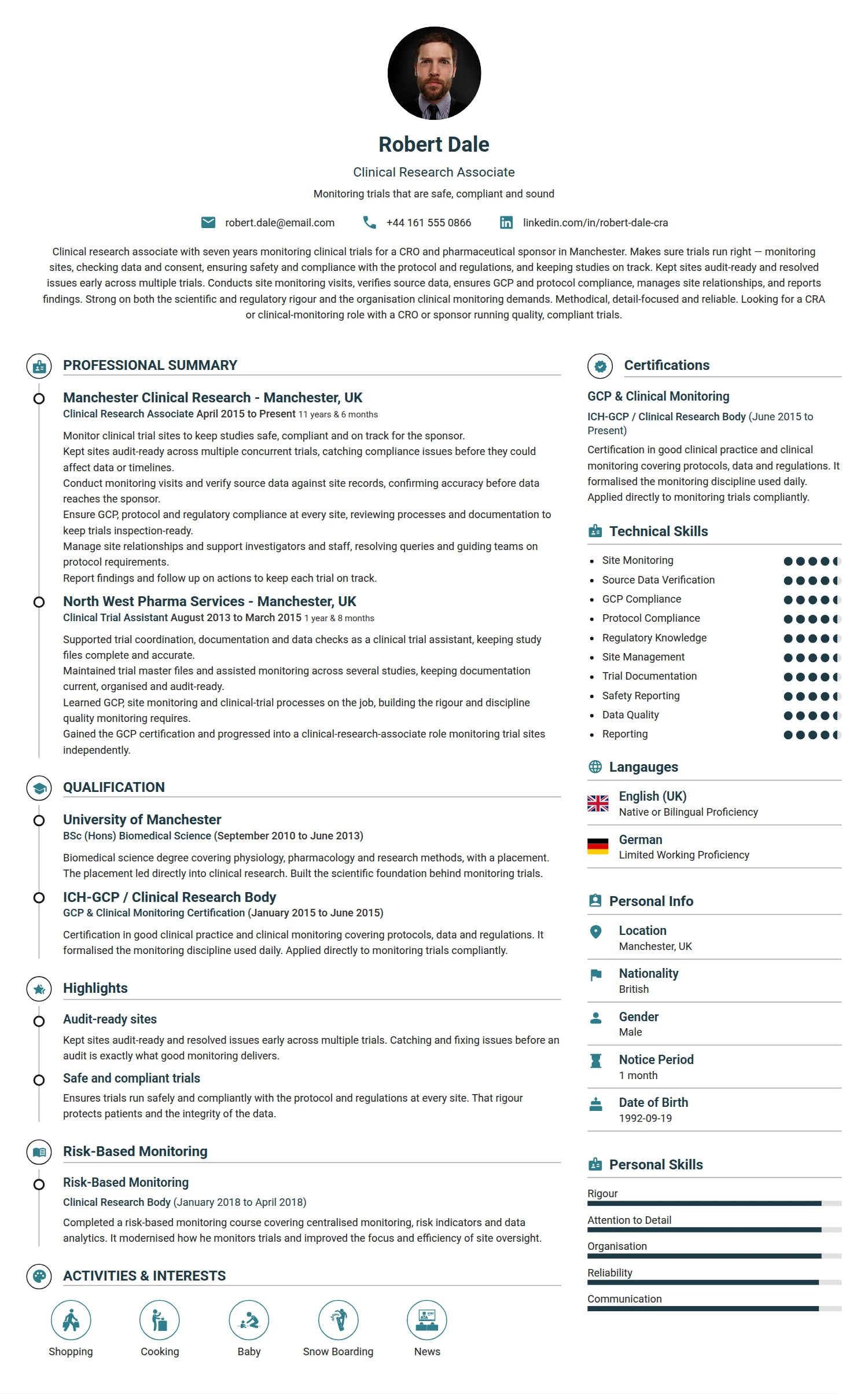 Clinical Research Associate resume example — a professionally formatted Science & Research CV sample